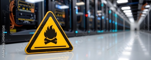 Fire Hazard Warning in Data Center: A vibrant, close-up of a fire hazard warning sign in a modern data center, highlighting the critical importance of safety and risk management.