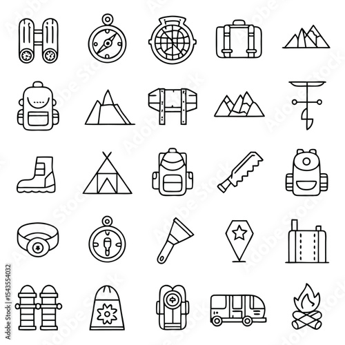 Line art illustration of camping and hiking equipment and supplies
