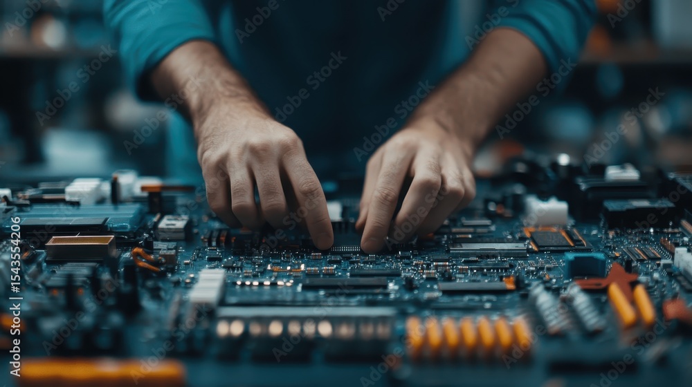 Obraz premium An individual's focused hands meticulously assemble electronic components on a motherboard, highlighting the intricate details and precision of modern technology.
