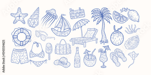  summer illustration set. Italian dolce vita. Beachy doodles Mediterranean Hand drawn Minimalist line art.  vacation, ocean and travel elements Coastal collection for card, prints