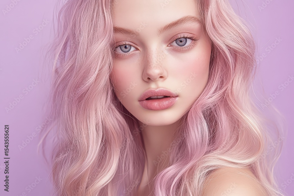 Fototapeta premium Close-up portrait of a young woman with vibrant pink hair.