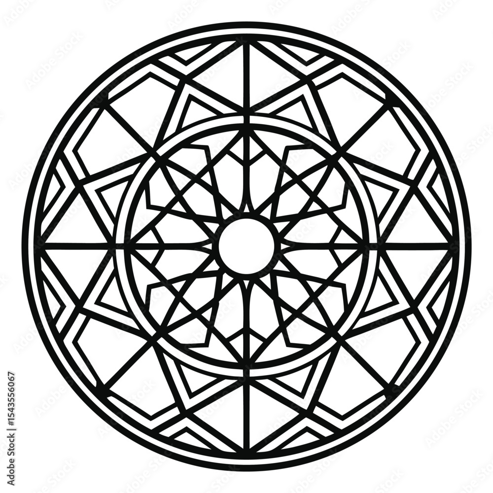 Detailed Geometric Mandala Illustration: Intricate Circular Design with Star-Shaped Patterns, Line Art, Spiritual Symbolism, Symmetry, and Decorative Element on White Background Detailed Geometric Mandala Illustration: Intricate Circular Design with Star-Shaped Patterns, Line Art, Spiritual Symbolism, Symmetry, and Decorative Element on White Background