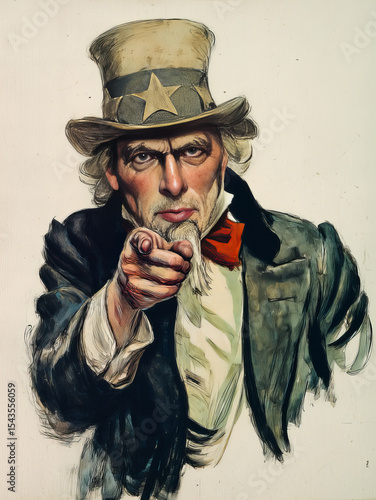 Vintage Illustration of a Man in Top Hat Pointing Directly Forward with Stern Expression