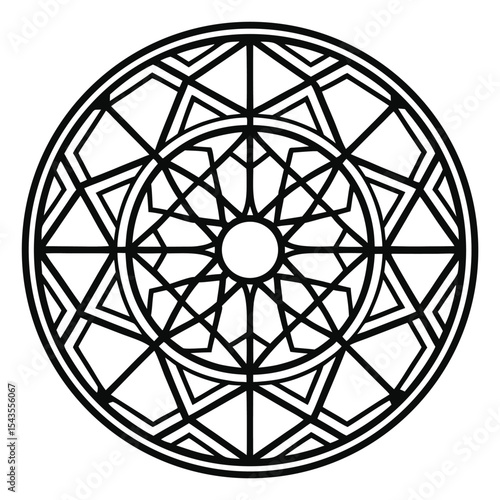 Detailed Geometric Mandala Illustration: Intricate Circular Design with Star-Shaped Patterns, Line Art, Spiritual Symbolism, Symmetry, and Decorative Element on White Background