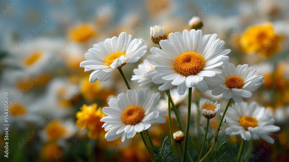 Fototapeta premium Chamomile Flowers With White Petals And Yellow Centers In Bright Sunlight