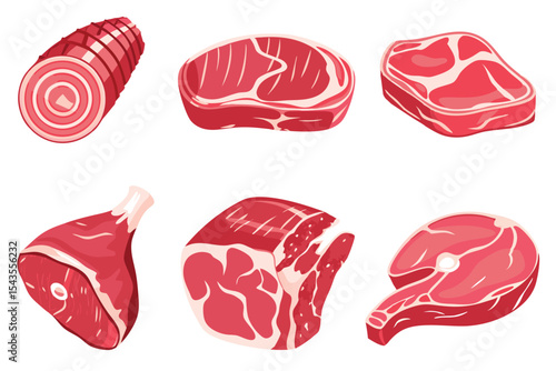 Various Cuts of Raw Meat Illustration on White Background
