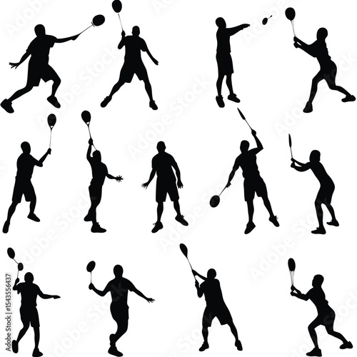 Badminton players in action silhouettes on white background for graphic design