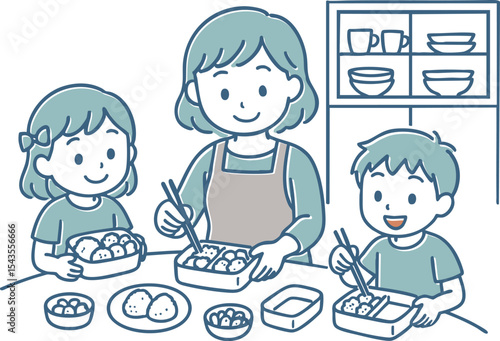 お弁当の用意をしている家族
Illustration of a family preparing lunch