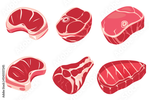 Isometric Illustration of Six Different Cuts of Fresh Raw Beef Steaks