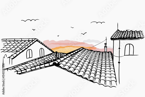 An illustration in hand-drawn charcoal sketch style featuring rooftops at sunset with a colorful sky
