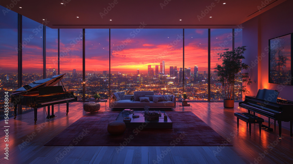 Fototapeta premium Luxury penthouse living room at sunset. Panoramic city view