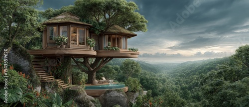 Fototapeta Naklejka Na Ścianę i Meble -  Luxury eco-friendly jungle resort with treehouse and infinity pool perfect for nature retreats and relaxation