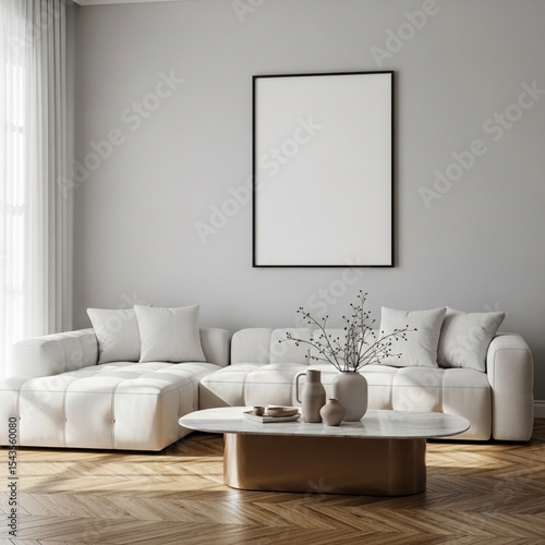 Fototapeta Naklejka Na Ścianę i Meble -  Interior view of a modern living room with white sofa, coffee table, and a blank frame on the wall 3d render