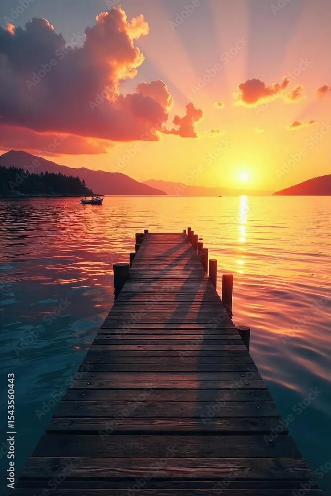 Fototapeta premium Tranquil scene of a wooden dock extending into calm waters, meeting a serene shoreline at sunset Perfect for travel, nature, or relaxation themes , vacation, water