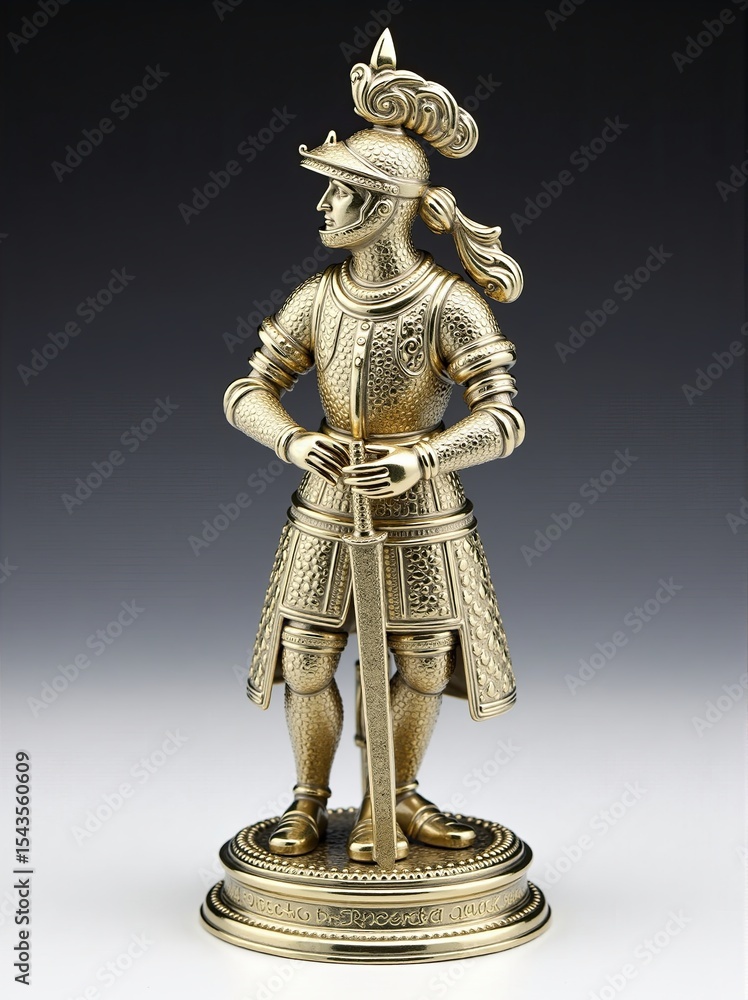 Fototapeta premium Elegant female warrior statue stands tall with a detailed mosaic armor design in a full shot view.