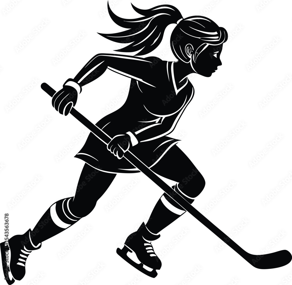 Fototapeta premium Black Silhouette Woman Ice Hockey Player Skating Stick