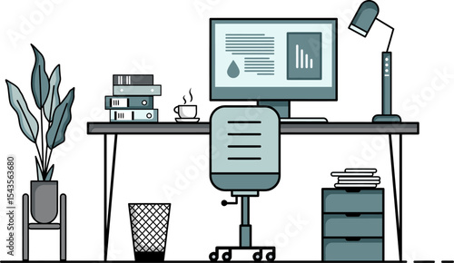 Cozy Workspace Scene: A modern and inviting home office setup, featuring a desk with a computer, lamp, and other office essentials.