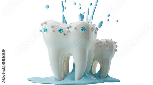 Health benefits of dental care with sparkling teeth covered in pleasant blue liquid
