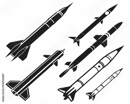 Assortment of Ballistic Missiles Illustrating Military Power Highlighting Long Range Flight and Technological Advancements in Modern Warfare Strategies Development