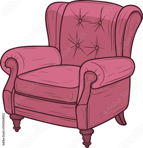 Elegant Armchair: A sophisticated armchair in a charming pink hue, showcasing its inviting tufted design, beckoning you to unwind in stylish comfort.