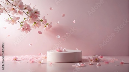 Wallpaper Mural Delicate Pink Blossoms Falling onto a Cylindrical Pedestal, a Serene Springtime Display Torontodigital.ca
