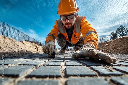 Wallpaper Mural Construction worker smoothing paving slabs focused Torontodigital.ca