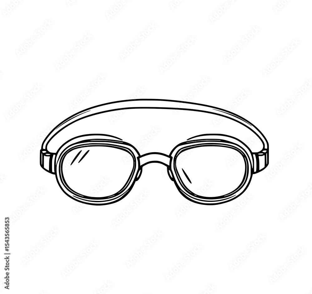 Fototapeta premium Swimming Goggles Line Art: A simple, hand-drawn illustration of classic swimming goggles, showcasing their round lenses and head strap in a black and white vector style.
