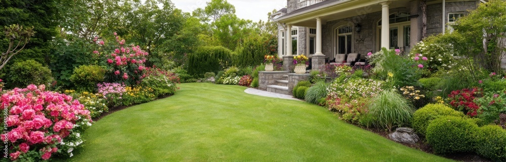 Fototapeta premium Lush green lawn and colorful flower beds border a grand house with a pillared porch