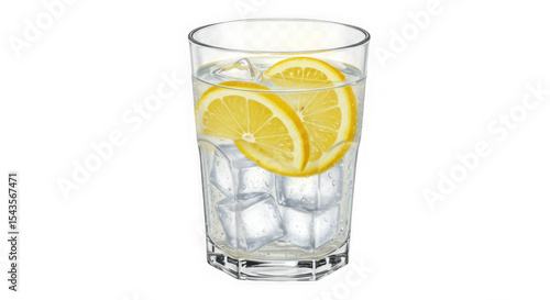 Refreshing Lemon Water: Crystal Clear Glass, Icy Cubes, Sliced Citrus