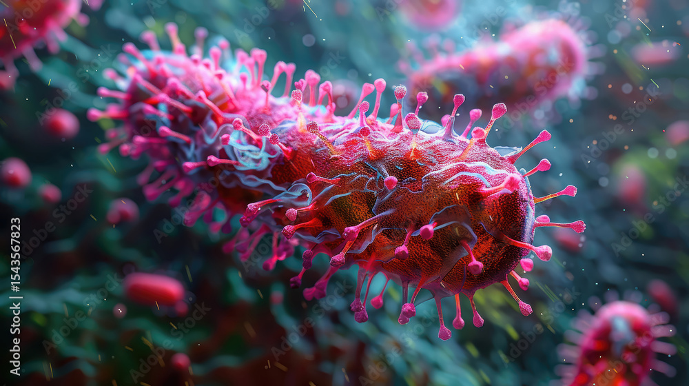 A close up of a pinkish red virus with a greenish blue stem. The virus is surrounded by a greenish blue background A close up of a pinkish red virus with a greenish blue stem. The virus is surrounded by a greenish blue background