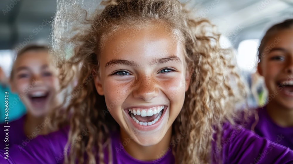 Fototapeta premium A lively young girl exuding happiness, surrounded by friends, capturing the essence of joy and camaraderie in a bright, energetic setting with infectious laughter.