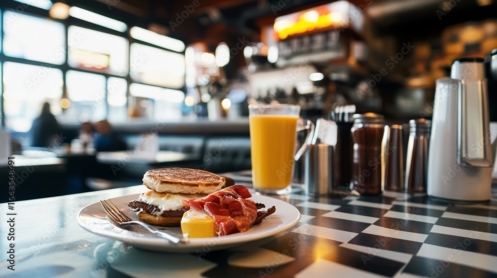 Fototapeta premium Classic breakfast on a diner counter, checkered floor background