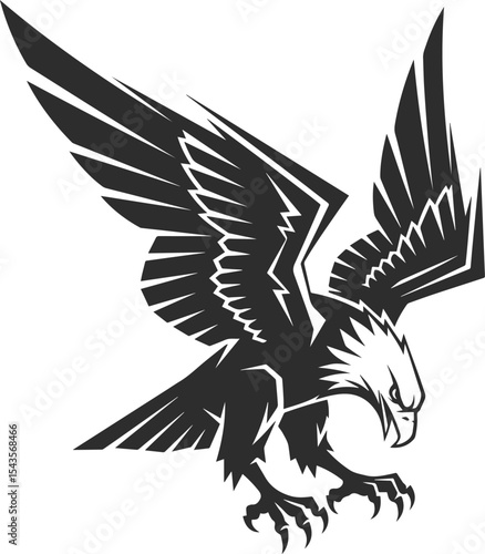 An icon of an eagle with its head looking at the ground, an icon of an eagle with large and raised wings, an eagle logo in black.