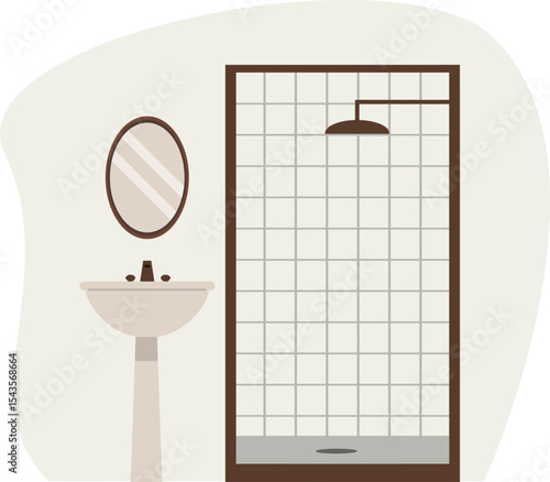 Serene Bathroom Interior: A minimalist illustration depicts a clean bathroom interior, featuring a sleek shower stall, a pedestal sink, and a stylish mirror.