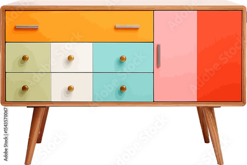 Colorful Retro Sideboard: A vibrant and stylish retro sideboard showcasing a playful mix of bright colors and elegant wooden legs. This image evokes a sense of fun, function.