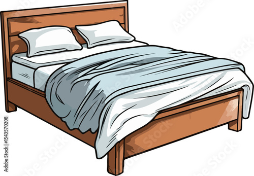 Cozy Bed: An inviting, hand-drawn illustration of a neatly made wooden bed, complete with plush pillows and a soft, inviting blanket, perfect for relaxation.