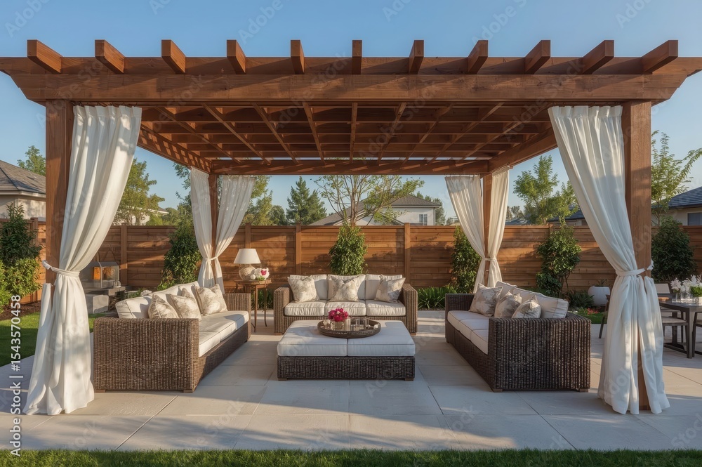 Fototapeta premium A beautiful patio setup with comfortable furniture and draped curtains in daylight.