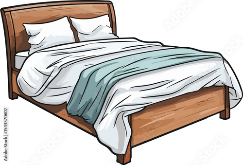 Cozy Bed: A beautifully rendered illustration presents a comfortable bed, adorned with soft pillows, pristine white bedding, and a stylish throw blanket, inviting rest and relaxation.