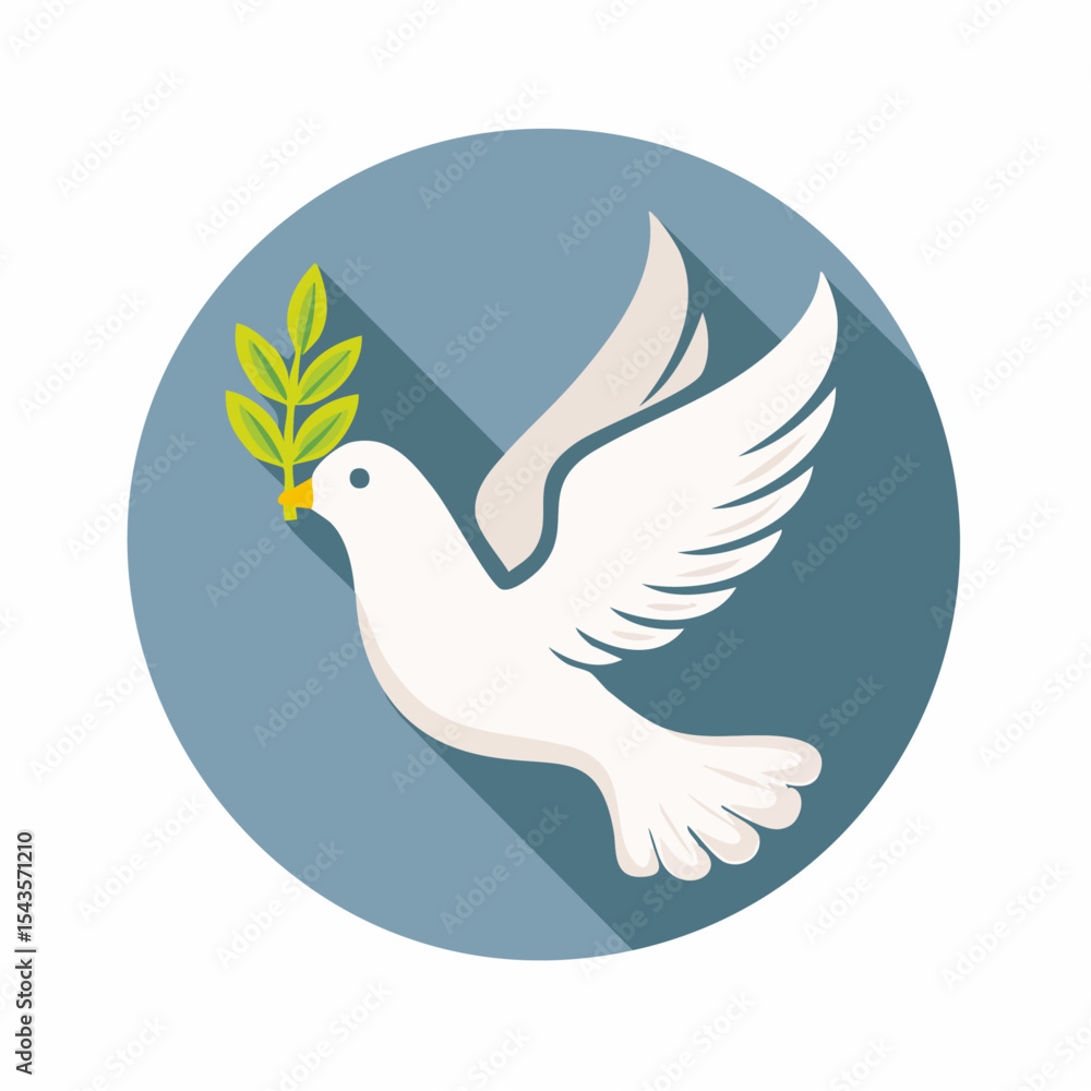 Obraz premium White dove carrying olive branch inside a blue circle, symbol of peace and hope