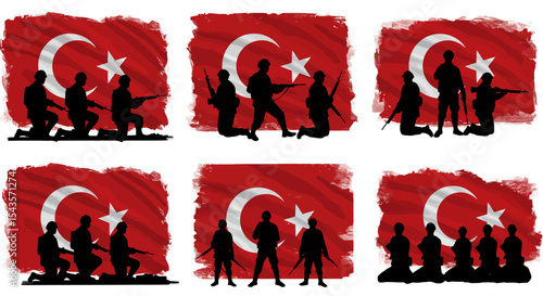 Silhouette Military Figures Against Turkish Flag Background National Service and Patriotic Symbolism Displaying Strength and Honor