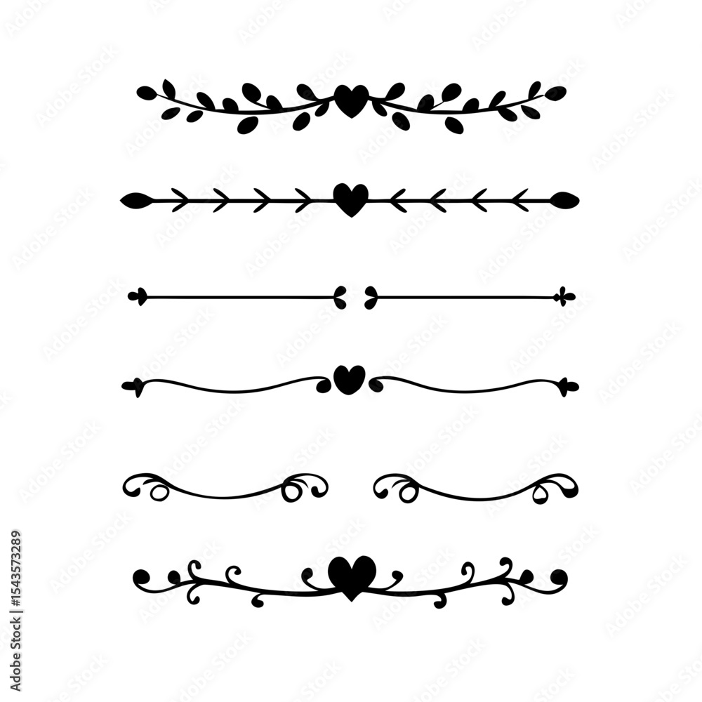 Obraz premium Text dividers with hearts doodle set. Wedding decorative elements. Divider ornament, borders, arrows. Hand drawn vector illustration isolated on white background 