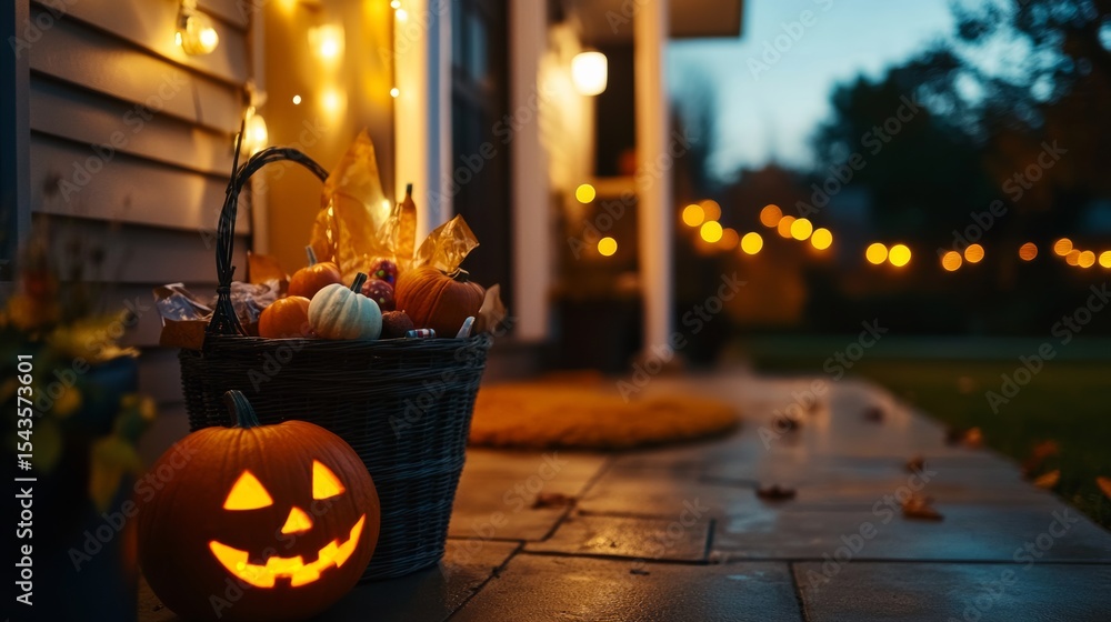 Fototapeta premium Halloween trick-or-treat fun with creepy lawn decor, friendly monsters and candy-filled baskets