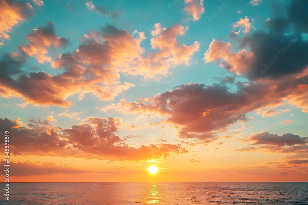 Obraz premium Stunning Sunset Over Ocean with Clouds Lit in Golden and Orange Colors
