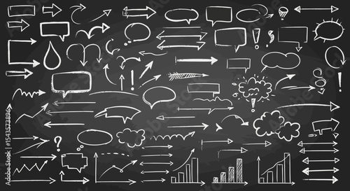 Chalkboard Sketch Elements and Graphics for Business Presentations Diagrams and Hand Drawn Design Ideas Blackboard Background with White Chalk Symbols