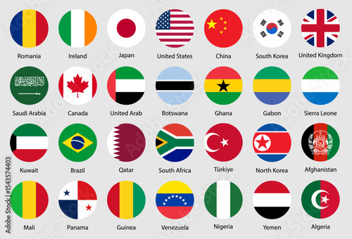 Set of rounded international country flags including USA, UK, India, Germany, France, and others. Flat circle icons for political, travel, and geography themes. Vector illustration.