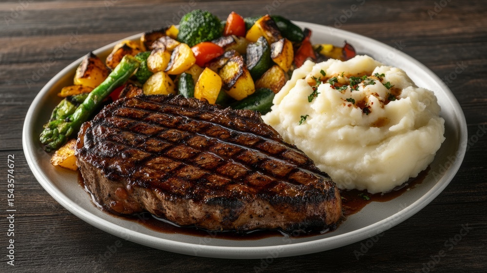 Huge steak meal with grilled vegetables and mashed potatoes, gourmet oversized plate, Huge steak meal with grilled vegetables and mashed potatoes, gourmet oversized plate,