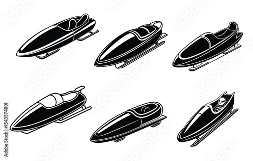 Bobsleigh Vector Illustration set,  silhouette Black And White Winter Sport Graphic Element.