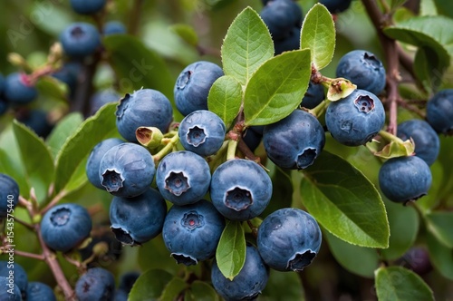 Healthy fresh blueberries with natural sunlight highlighting their color and texture on the plant

