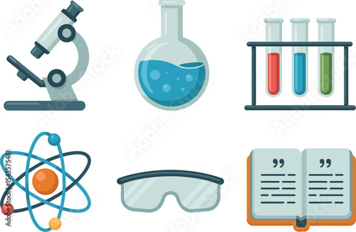 Science lab illustration with microscope flask test tubes goggles atom and open book for classroom theme  