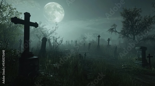 Mysterious graveyard scene at night